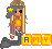 Pixel art contact sheet of four animated frames showing a cartoon mermaid character with long blonde hair, gray tail, and orange top holding yellow blocks spelling 'AMY' against a gray background.
