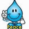 Blue water droplet-shaped character with black eyes and a smile, making a peace sign with one hand and holding a white object in the other, with yellow text reading "Peace" below.
