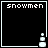 Pixelated black square with white border, displaying 'snowmen' text at top and a three-tiered snowman icon in bottom-right corner.