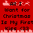 Red background with black text reading "All I Want for Christmas Is My First Kiss <33" and pink pixelated icons of a ship, reindeer, and city skyline.