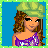 A 4-frame animated contact sheet showing a pixel-art character with long brown hair, green beret, purple crop top, and decorated gray pants against blue backgrounds.