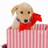 Pixelated image of a light brown dog with dark eyes and nose, wearing a red bow tie, positioned behind pink and white striped vertical bars.