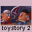 Animated contact sheet of 10 frames showing two cartoon characters in various poses and expressions with a pink background text label "toystory 2" below each frame.