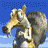 Animated contact sheet of a cartoon squirrel character from Ice Age performing sequential facial expressions and head movements against a blue sky background with white clouds.