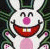 Animated pixel art of a white rabbit with pink accents, smiling widely with red mouth and visible teeth, positioned on the left side of a dark background.