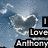Pixelated image with blue sky background, white cloud-like shapes, and black text boxes containing partial words 'Love' and 'Anthony'.