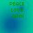 Green pixelated text 'PEACE LOVE JENN' on a teal-to-blue gradient background with faint circular patterns.