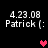 Pixelated text displays 'Patrick (' with date '4.23.08' above a pink heart symbol on black background.