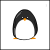 Pixelated penguin with black body, white belly, orange beak and feet appears in a of text words