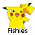 Pixelated yellow cartoon character with red cheeks, black-tipped ears, and orange-tipped tail, standing with arms raised and mouth open, text below reads 'Fishies' in black font.