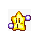 Pixelated yellow star character with brown outline, holding purple orbs in both hands across showing different poses and expressions