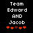 Pixelated text 'Team Edward AND Jacob' with red and brown heart symbols on black background, two variations of symbol arrangement.
