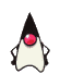 Animated character with black cone hat, white body, and red circular eye in three of showing hand movements