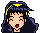 Pixel art character with dark blue hair, yellow headband, pink cheeks, and red lips in multiple facial expressions.