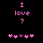 Pixelated pink text "I love ?" above five pink and purple heart icons on a black background.