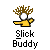 Yellow cartoon figure with brown spiky hair and white face, performing various hand gestures beneath "Slick Buddy" text on gray background.