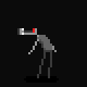 Pixelated figure with gray body and red-and-white head device, standing on black background in six sequential poses showing slight arm and leg movement.