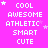 A static image with a bright pink background displays repeated text phrases in white pixelated font, each phrase containing the words COOL AWESOME ATHLETIC SMART CUTE arranged vertically.
