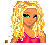 Pixel art of a blonde woman in pink top and blue pants seated on wooden chair, with text 'Drama' and 'Queen' in bright purple.