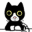 Pixelated black cat with white facial markings and yellow eyes, standing upright on a white background.