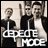 Three pixelated figures stand in a row against a light background, with large white text reading 'DEPECHE MODE' below them.