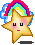 Animated pixel art star character with rainbow cloud background in three distinct facial expressions across sampled frames.