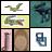 Six static pixelated icons arranged in a grid: top-left shows a green airplane on white, top-right a dark blue bird on teal, middle-left a green crocodile on yellow, middle-right a dark blue bird on teal, bottom-left a brown vertical shape on pink, bottom-right a dark blue abstract shape on white.