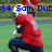A football player in a red jersey and white helmet crouches on a grassy field with blue text overlays changing across frames.