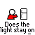 Pixelated red figure with white head interacts with white refrigerator-like object, text below reads "Does the light stay on or does it turn off?" in blocky font.