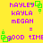 Yellow background with purple text and green square icons; text reads HAYLEY KAYLA MEGAN and GOOD TIME in pixelated font; green icons shift position between observations.