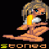 Pixel art icon of a blonde woman in motion with yellow text "stoned" below, set against black background.