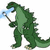 Green pixelated Godzilla-like creature breathes blue breath from mouth while holding a staff, with a green banner reading 'godzilla' at the bottom of one frame.