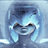 Pixelated blue-toned character with flowing hair and closed eyes, positioned above text elements on a black background.