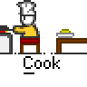 Animated contact sheet of a pixel art chef cooking sequence showing frame-by-frame actions from stirring to plating with consistent "Cook" text labels below each frame.