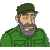 Pixelated cartoon character in green military uniform with dark green cap, gray beard, and neutral expression against light gray background.