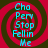Four identical display cyan text 'Cho Perv Stop Fellin Me' over a red and dark brown spiral background with pixelated edges
