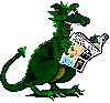 Green dragon reading newspaper with blue and black text, standing on gray background.