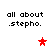 Pixelated text 'all about .stepho.' appears in four quadrants with a red star icon in the top-left and a pink star icon in the top-right and bottom-right quadrants.