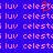 Pixelated of repeating text elements on blue background with red heart overlay on one instance of 'celestá'