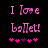 Pixelated pink text on black background reads "I love ballet!" with five small hearts below, two versions differ in heart coloration.