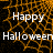 Animated Halloween-themed icon with orange spiderweb background and white text reading "Happy Halloween" in two lines.