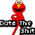 Red cartoon character with yellow nose and white eyes stands against white background, text "Dots The Shit" below.
