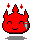 Red pixelated flame-shaped character with closed eyes, smiling mouth, and cyan tear on right cheek; four variations show changing spark colors above head.