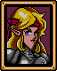 Pixel art portrait of a blonde elf with blue eyes, wearing gray armor and a pink headband, framed in gold against purple background.