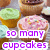 Pixelated image of cupcakes with green and pink frosting, overlaid text reading "so many cupcakes so little time" in purple letters.