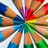 A static pixelated icon with a radial burst of multicolored segments in blue, green, yellow, red, purple, and brown arranged around a central point.