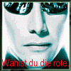 six showing a person in sunglasses with blue-tinted skin and red text overlays reading 'Wählst du die rote.', 'Oder die blaue Pille', and 'Enter the matrix'