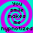 A four- of identical pixelated text on a cyan and magenta spiral background, each displaying "You smile makes me hypnotized" in black block letters