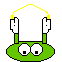 Green cartoon character with white eyes and black pupils performs jump rope animation using yellow cord, alternating between circular body shape and elongated vertical form.