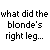 A static contact sheet of a 7-frame animated icon showing a blonde woman's face and pink legs with text-based joke about the legs never meeting.